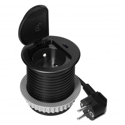 Gniazdo meblowe O6cm wpuszczane w blat z pokrywką, ładowarką USB i przewodem 1,9m, 1x2P+Z (French), (OR-GM-9040/B)
