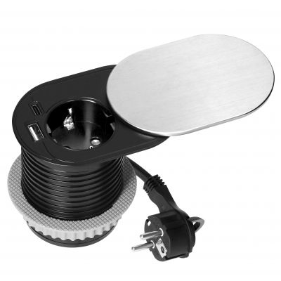 Gniazdo meblowe O6cm, wpuszczane w blat z przesuwną pokrywką, ładowarką USB i przewodem 1,9m, 1x2P+Z (OR-GM-9042(GS)/G)