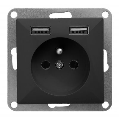Gniazdo pojedyncze podtynkowe 2P+Z z ładowarką Pearl, 16A, 250V, PT-16P/USB, czarny (OR-OE-7705/USB/B)
