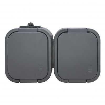 Gniazdo podwójne natynkowe 2P+Z, Schuko, bryzgoszczelne z klapką B2, IP54, NT-7B2, szary (OR-OE-7806(GS)/G)