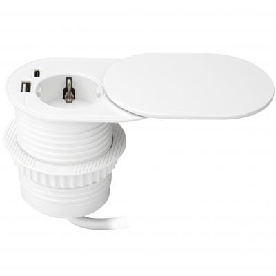 Gniazdo meblowe O6cm, wpuszczane w blat z przesuwną pokrywką, ładowarką USB i przewodem 1,9m, 1x2P+Z (OR-GM-9042(GS)/W)