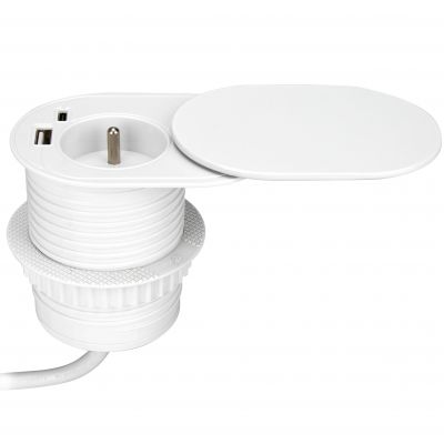 Gniazdo meblowe O6 cm wpuszczane w blat z przesuwną pokrywką ładowarką USB i przewodem 1,9m 1x2P+Z ORNO (OR-GM-9042/W)