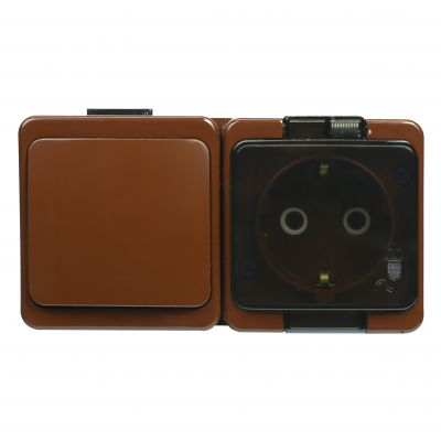 Gniazdo pojedyncze 2P+Z bryzgood. SCHUKO z klapką dymną + Łącznik 1-biegunowy IP44, SMART, brązowy (GWN-17SL BRĄZOWY)