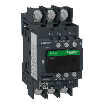 Stycznik mocy I= 65A AC-3, styki pom. 1NC+1NO, nap. cewki 110 V DC LC1D65A6FD SCHNEIDER (LC1D65A6FD)