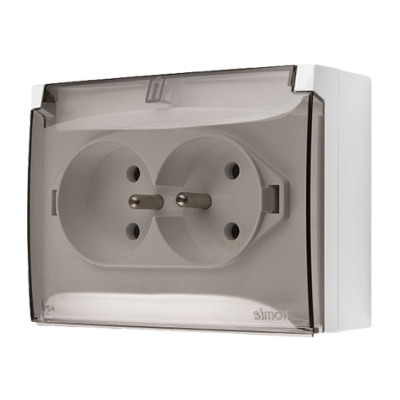 Simon Aquaclick Gniazdo wtyczkowe IP44 podwójne kompaktowe z uziemieniem klapka transparentna 16A 250 V~ zaciski śrubowe, biały ACGZ2/11A KONTAKT (ACGZ2/11A)