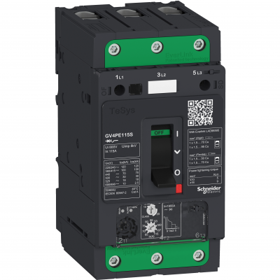 Wyłącznik silnikowy magnetotermiczny TeSys GV4 3 polowe 115A Icu=25kA dźwignia zaciski everlink GV4PE115B SCHNEIDER (GV4PE115B)