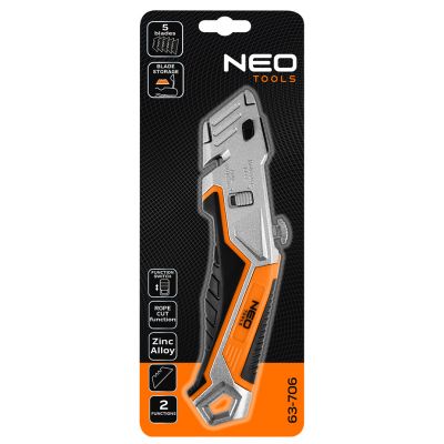 Nóż z ostrzem trapezowym nożyk bezpieczny 1+5 ostrzy do taśm folii NEO GTX (63-706)