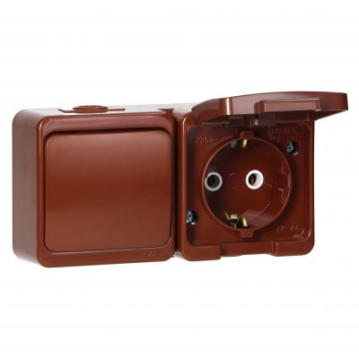 Gniazdo pojedyncze 2P+Z bryzgood. SCHUKO z klapką w kol.wyrobu + Łącznik 1-biegunowy IP44, SMART, br (GWN-17S BRĄZOWY)