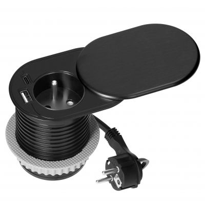 Gniazdo meblowe Ø6cm wpuszczane w blat z przesuwną pokrywką ładowarką USB i przewodem 1,9m, 1x2P+Z  OR-GM-9042/B ORNO (OR-GM-9042/B)