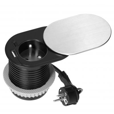 Gniazdo meblowe Ø6cm wpuszczane w blat z przesuwną pokrywką ładowarką USB i przewodem 1,9m, 1x2P+Z (OR-GM-9042/G)