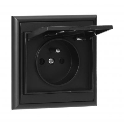 Gniazdo pojedyncze podtynkowe 2P+Z, bryzgoszczelne z klapką Luna, 16A, 250V, PT-16LH, czarny (OR-OE-7605/BB)
