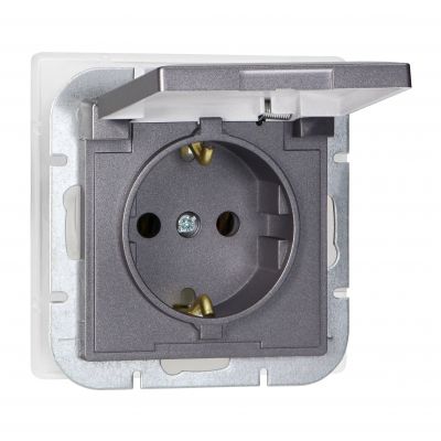 Gniazdo pojedyncze podtynkowe 2P+Z Schuko bryzgoszczelne z klapką Pearl, 16A, 250V, PT-17PH, antracy (OR-OE-7705(GS)/AA)