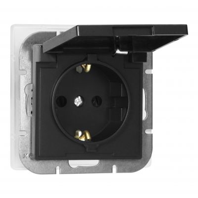 Gniazdo pojedyncze podtynkowe 2P+Z Schuko bryzgoszczelne z klapką Pearl, 16A, 250V, PT-17PH, czarny (OR-OE-7705(GS)/BB)
