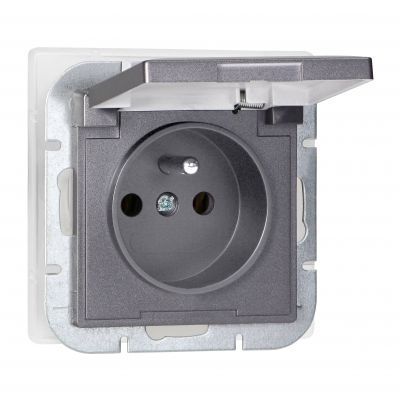 Gniazdo pojedyncze podtynkowe 2P+Z bryzgoszczelne z klapką Pearl, 16A, 250V, PT-16PH, antracyt (OR-OE-7705/AA)