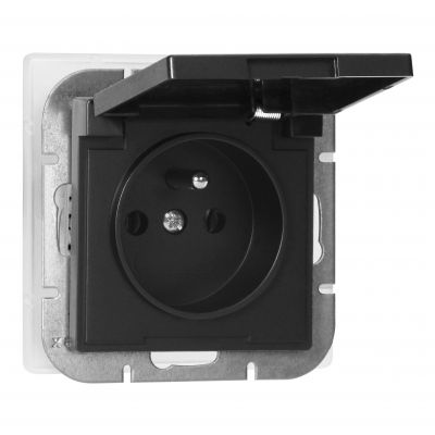 Gniazdo pojedyncze podtynkowe 2P+Z bryzgoszczelne z klapką Pearl, 16A, 250V, PT-16PH, czarny (OR-OE-7705/BB)