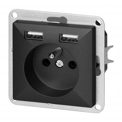 Gniazdo pojedyncze podtynkowe 2P+Z z ładowarką Pearl, 16A, 250V, PT-16P/USB, czarny (OR-OE-7705/USB/B)