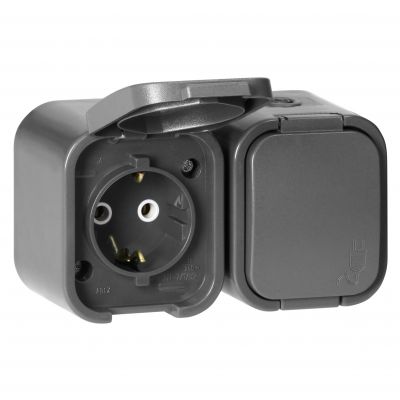 Gniazdo podwójne natynkowe 2P+Z, Schuko, bryzgoszczelne z klapką B2, IP54, NT-7B2, szary (OR-OE-7806(GS)/G)