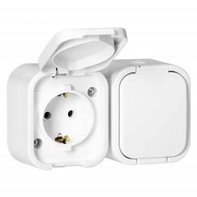 Gniazdo podwójne natynkowe 2P+Z, Schuko, bryzgoszczelne z klapką B2, IP54, NT-7B2, biały (OR-OE-7806(GS)/W)