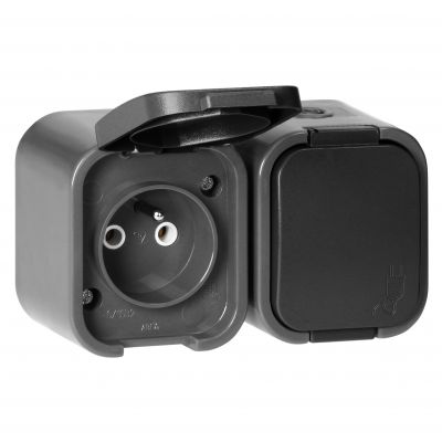 Gniazdo podwójne natynkowe 2x2P+Z, bryzgoszczelne z klapką B2, IP54, NT-6B2, szary/czarny (OR-OE-7806/GB)