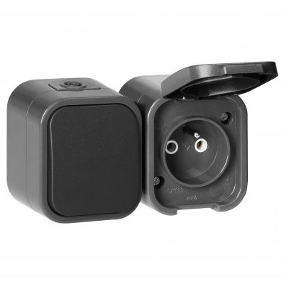 Łącznik natynkowy jednobiegunowy + Gniazdo pojedyncze 2P+Z B2, IP54, GWN-B2, szary/czarny (OR-OE-7807/GB)