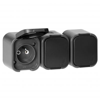 Gniazdo potrójne natynkowe 3x2P+Z, bryzgoszczelne z klapką B2, IP54, NT-316 B2, szary/czarny (OR-OE-7809/GB)