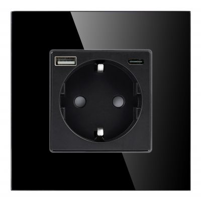 Gniazdo pojedyncze 2P+Z, Schuko, USB-A + USB-C, wyjście 5VDC max. 3A, czarny (OR-AE-13308(GS)/B)