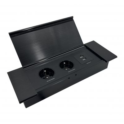 Gniazdo meblowe wpuszczane w blat z płaskim frezowanym rantem, uchylną klapką, ładowarką USB i przew (OR-GM-9048/B)