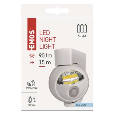 Lampka nocna 3W COB LED 3× AA, 90lm, czujnik PIR, biała P3311 EMOS (P3311)