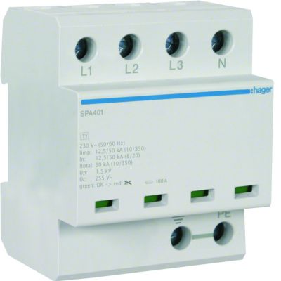 HAGER SPD Ogranicznik przepięć T1 kombinowany 4P TN-S/TT Iimp=50kA Up≤1,5kV SPA401 (SPA401)