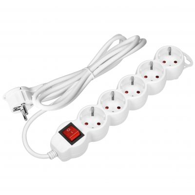 Przedłużacz 5-krotny 2P+Z (Schuko) z wyłącznikiem, 1,5m H05VV-F 3x1,5mm2, Imax=16A, płaska wtyczka, (ES-7(GS)/W/1,5)