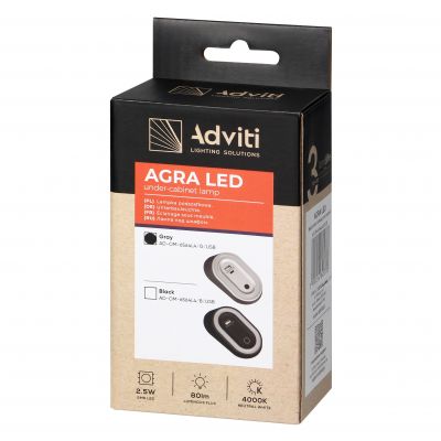 AGRA lampka podszafkowa LED 2,5W, 80lm, 4000K, z włącznikiem bezdotykowym i funkcją ładowania USB A+ (AD-OM-6564L4/G/USB)
