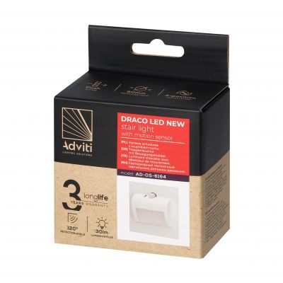 DRACO LED NEW 1,5W, oprawa schodowa podtynkowa, 12VDC, 30lm, 3000K, biała, czujnik ruchu i zmierzchu (AD-OS-6164LR3/W)