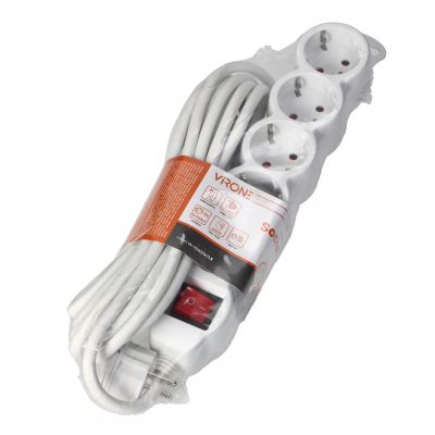 Przedłużacz 5-krotny 2P+Z (Schuko) z wyłącznikiem, 1,5m H05VV-F 3x1,5mm2, Imax=16A, płaska wtyczka, (ES-7(GS)/W/1,5)