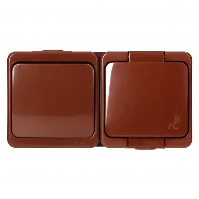 Gniazdo pojedyncze 2P+Z bryzgood. SCHUKO z klapką w kol.wyrobu + Łącznik 1-biegunowy IP44, SMART, br (GWN-17S BRĄZOWY)