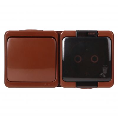 Gniazdo pojedyncze 2P+Z bryzgood. SCHUKO z klapką dymną + Łącznik 1-biegunowy IP44, SMART, brązowy (GWN-17SL BRĄZOWY)