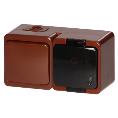 Gniazdo pojedyncze 2P+Z bryzgood. SCHUKO z klapką dymną + Łącznik 1-biegunowy IP44, SMART, brązowy (GWN-17SL BRĄZOWY)