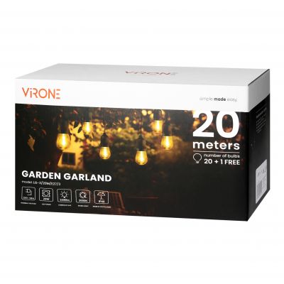 Girlanda oświetleniowa - 1 sznur 20 m (20 opraw) + 20 żarówek LED 1W E27, 3000K + 1 żarówka gratis (LG-3/20M/E27/3)