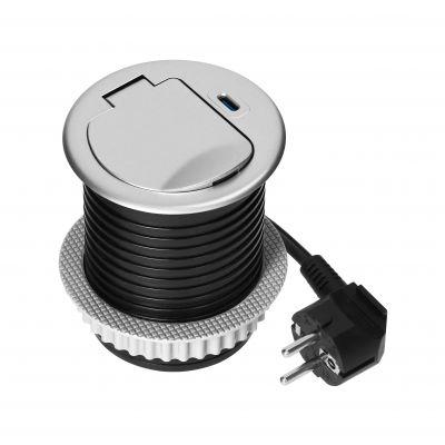 Gniazdo meblowe O6cm wpuszczane w blat z pokrywką, ładowarką USB i przewodem 1,9m, 1x2P+Z (Schuko), (OR-GM-9040(GS))