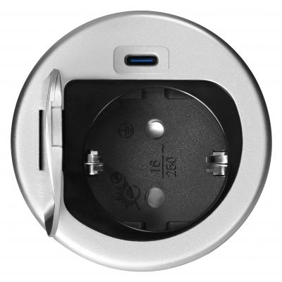Gniazdo meblowe O6cm wpuszczane w blat z pokrywką, ładowarką USB i przewodem 1,9m, 1x2P+Z (Schuko), (OR-GM-9040(GS))