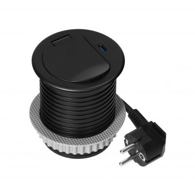 Gniazdo meblowe O6cm wpuszczane w blat z pokrywką, ładowarką USB i przewodem 1,9m, 1x2P+Z (Schuko), (OR-GM-9040(GS)/B)