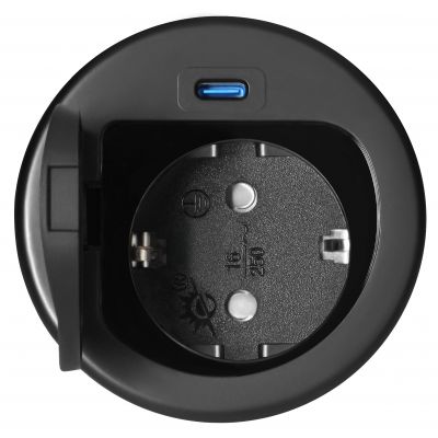 Gniazdo meblowe O6cm wpuszczane w blat z pokrywką, ładowarką USB i przewodem 1,9m, 1x2P+Z (Schuko), (OR-GM-9040(GS)/B)