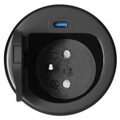 Gniazdo meblowe O6cm wpuszczane w blat z pokrywką, ładowarką USB i przewodem 1,9m, 1x2P+Z (French), (OR-GM-9040/B)