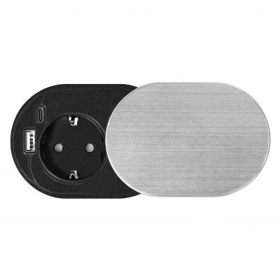 Gniazdo meblowe O6cm, wpuszczane w blat z przesuwną pokrywką, ładowarką USB i przewodem 1,9m, 1x2P+Z (OR-GM-9042(GS)/G)