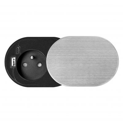 Gniazdo meblowe Ø6cm wpuszczane w blat z przesuwną pokrywką ładowarką USB i przewodem 1,9m, 1x2P+Z (OR-GM-9042/G)