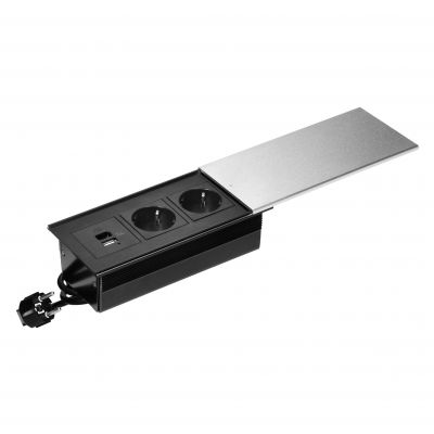 Gniazdo meblowe z przesuwną klapką i przewodem 1,8m, 2x2P+Z (Schuko), 2xUSB (typ A+C; 4,2A), srebrne (OR-GM-9043(GS)/G)