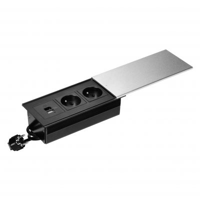 Gniazdo wpuszczone w blat przesuwana pokrywa 2 gniazda USB C + USB srebrne 1,8m ORNO (OR-GM-9043/G)