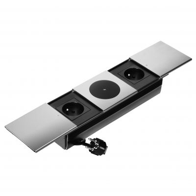 Gniazdo meblowe z przesuwną klapką i przewodem 1,8m, 2x2P+Z (French), ładowarka bezprzewodowa 15W, s (OR-GM-9044/G)