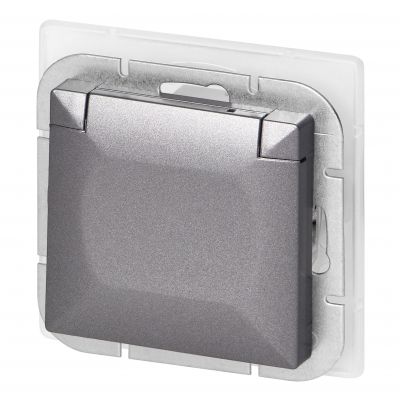 Gniazdo pojedyncze podtynkowe 2P+Z Schuko bryzgoszczelne z klapką Pearl, 16A, 250V, PT-17PH, antracy (OR-OE-7705(GS)/AA)