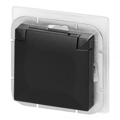 Gniazdo pojedyncze podtynkowe 2P+Z bryzgoszczelne z klapką Pearl, 16A, 250V, PT-16PH, czarny (OR-OE-7705/BB)