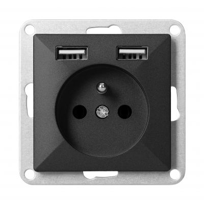 Gniazdo pojedyncze podtynkowe 2P+Z z ładowarką Pearl, 16A, 250V, PT-16P/USB, czarny (OR-OE-7705/USB/B)